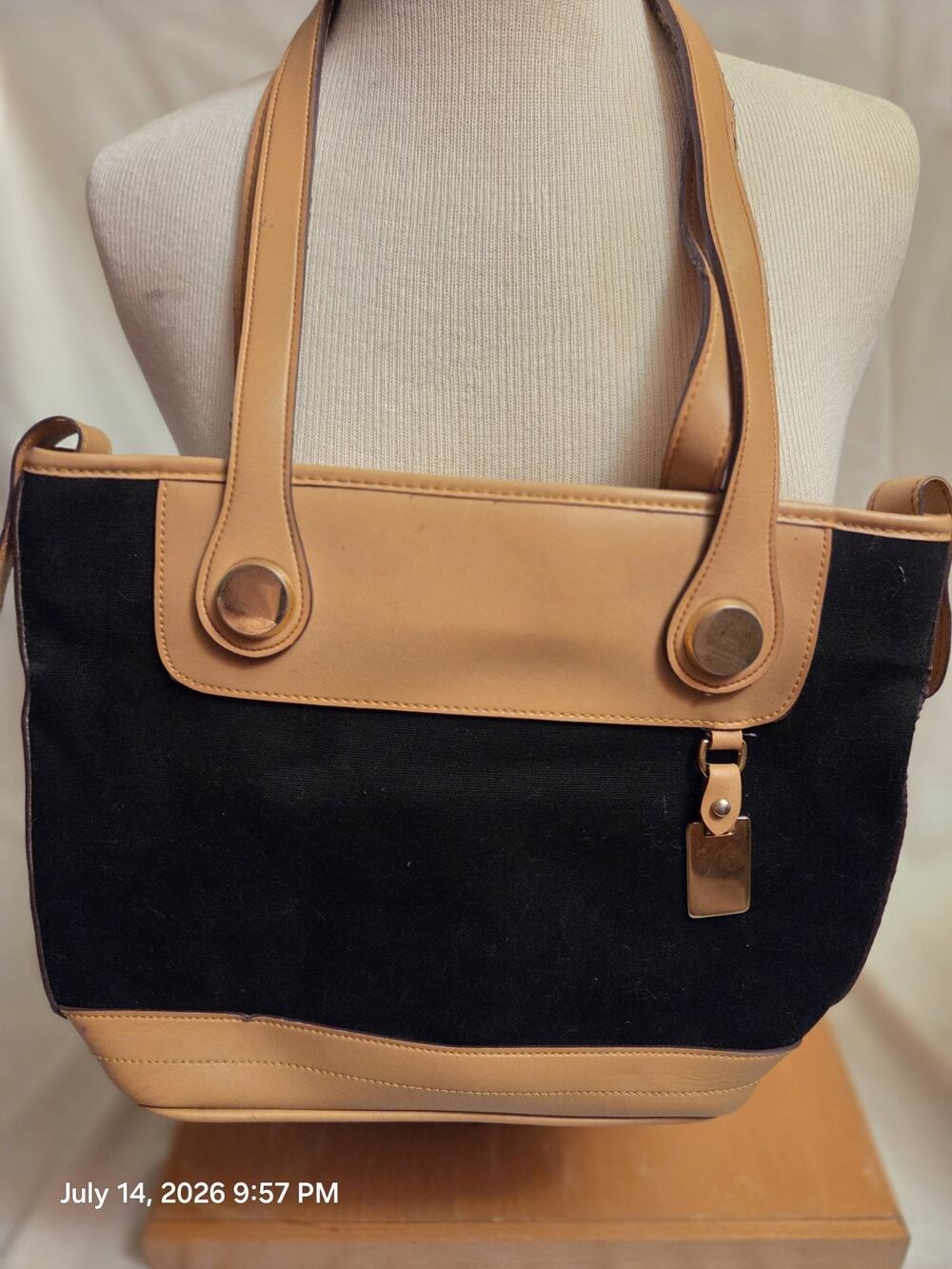 Women’s Black Tan Tote Bag Zip Closure Double Handles Inner Outer Pockets Gold